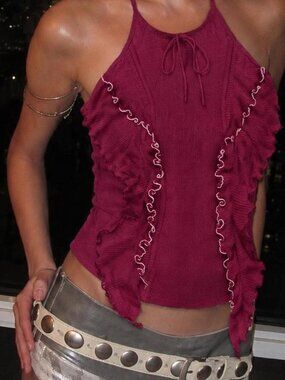 Rare Grail Vintage Y2K Urchin Magenta Ruffle Halter Neck Tank Top ⭐️ 2000s Club